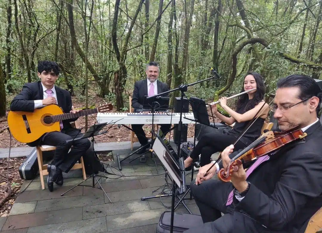 Ensamble Dalí en Rosmarino, Valle de Bravo, tocando la misa enmedio del bosque. Se aprecia el cuarteto instrumental