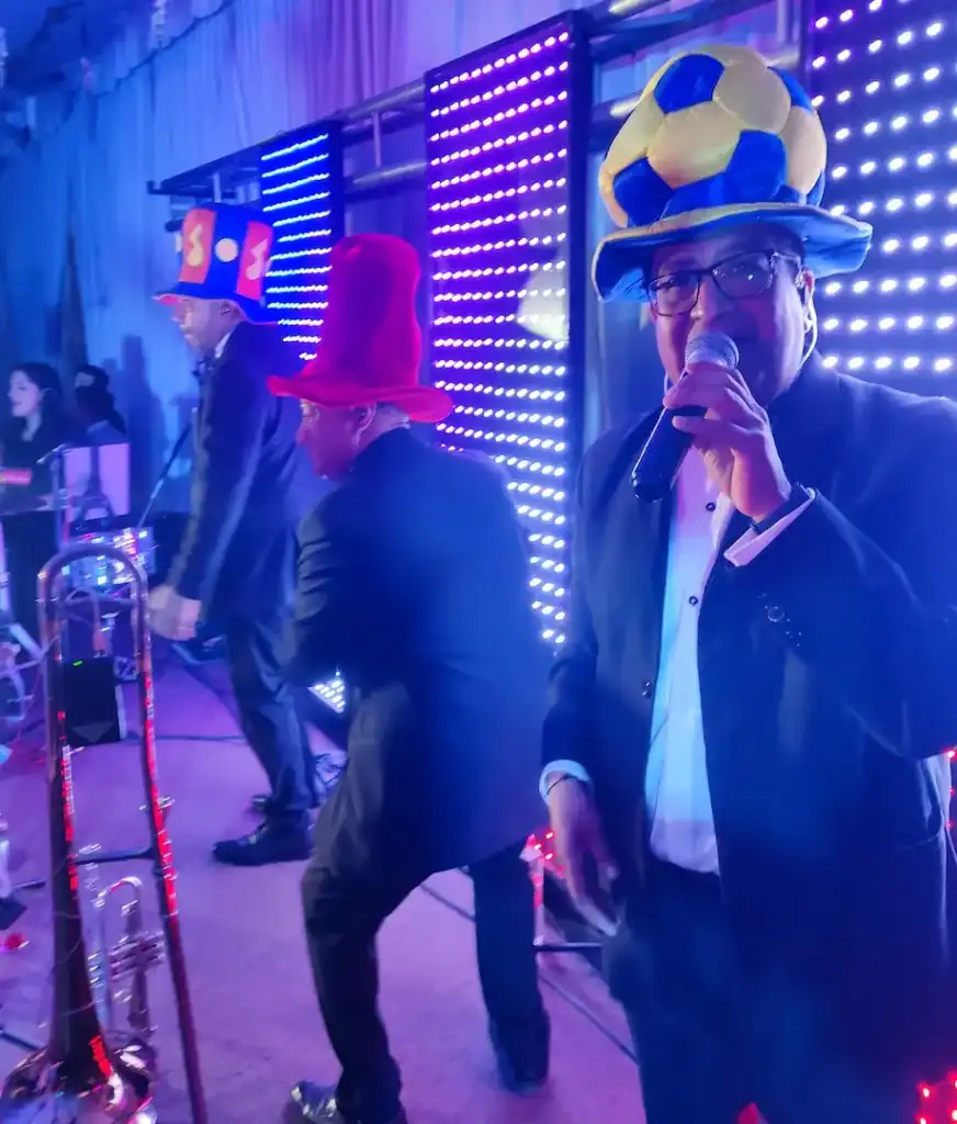 Personas con disfraces en fiesta de boda en grupo Alfamusic.