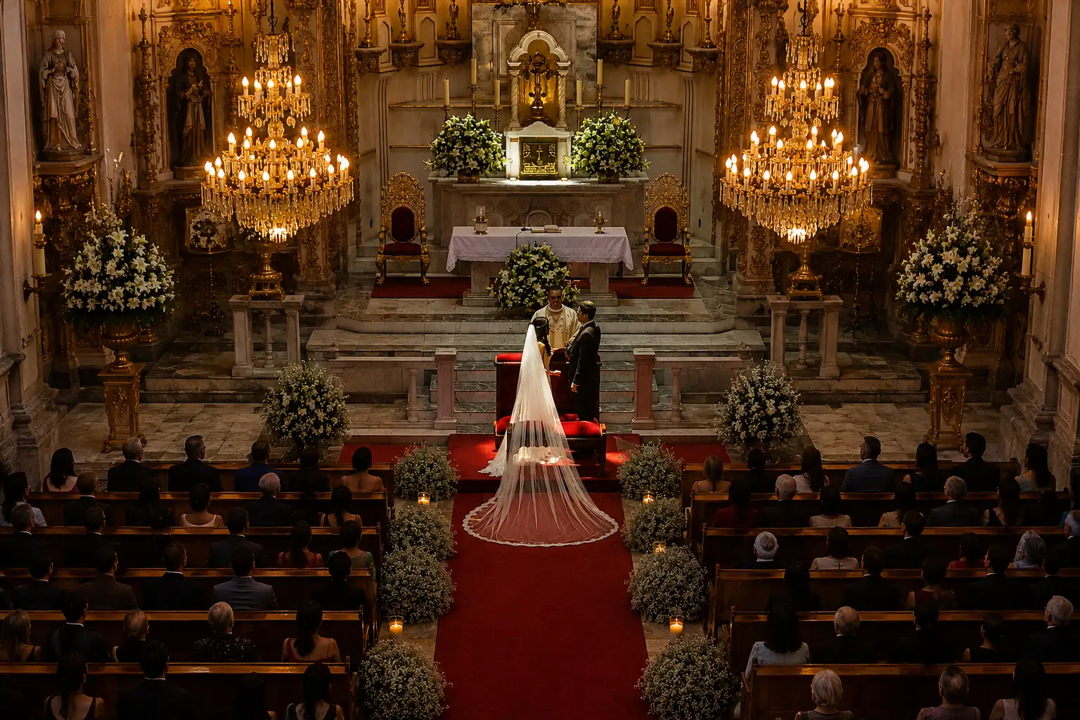 Boda en iglesia elegante con decoración floral, candelabros dorados y ceremonia en altar.